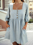 Denim Button Detail Babydoll Mini Dress