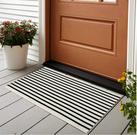 Black and Ivory Striped Layering Rug