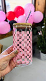 Glass Can: Pink Checkered