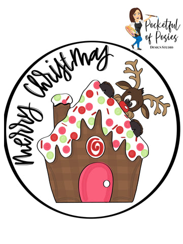 Gingerbread House with Peeking Reindeer Template